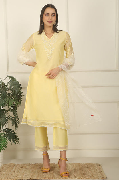 W for Woman Lemon Yellow Embroidered Chanderi A-line Kurta, Pants and Dupatta Set