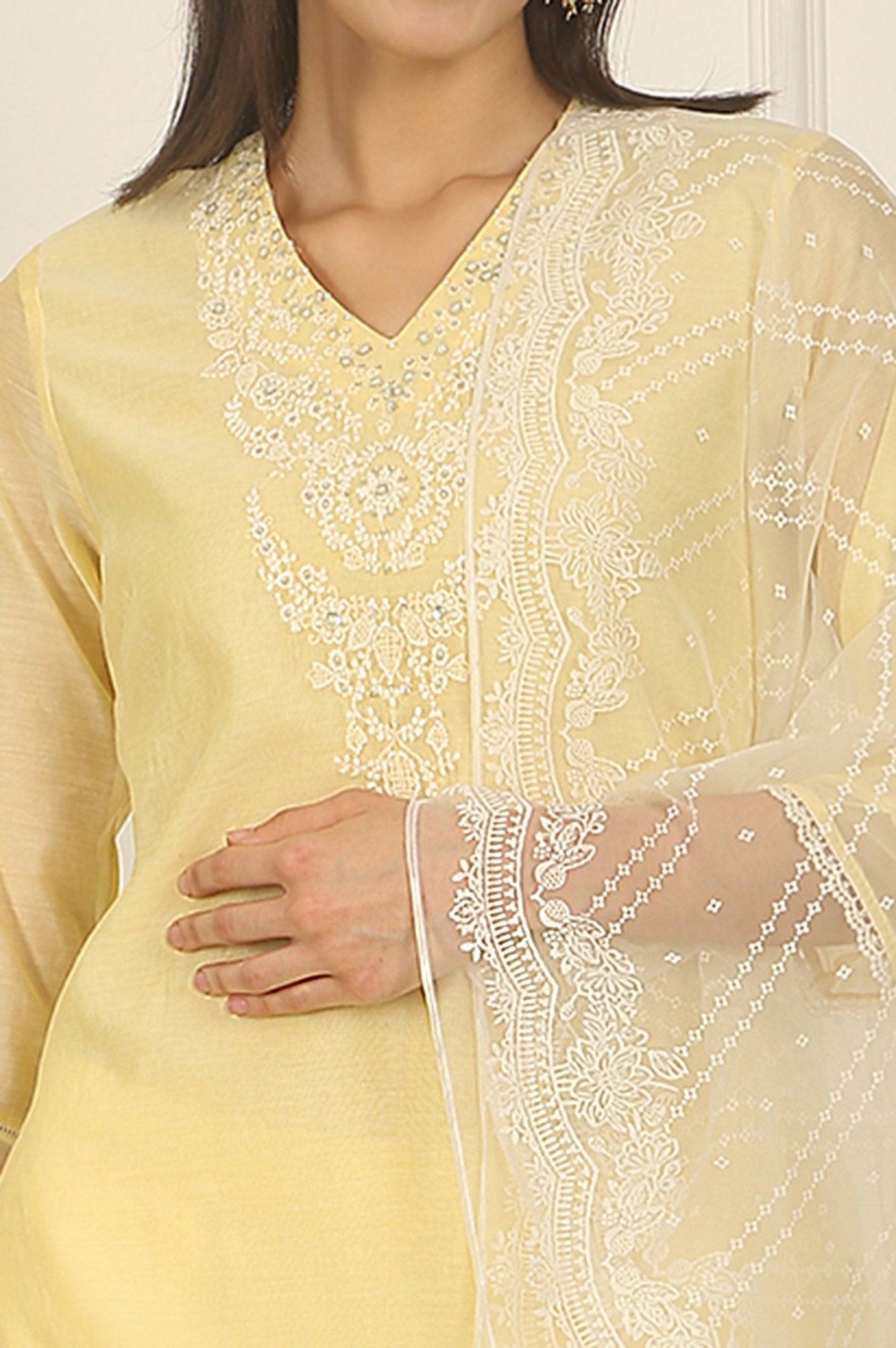 W for Woman Lemon Yellow Embroidered Chanderi A-line Kurta, Pants and Dupatta Set
