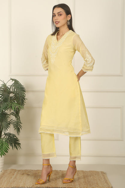 W for Woman Lemon Yellow Embroidered Chanderi A-line Kurta, Pants and Dupatta Set