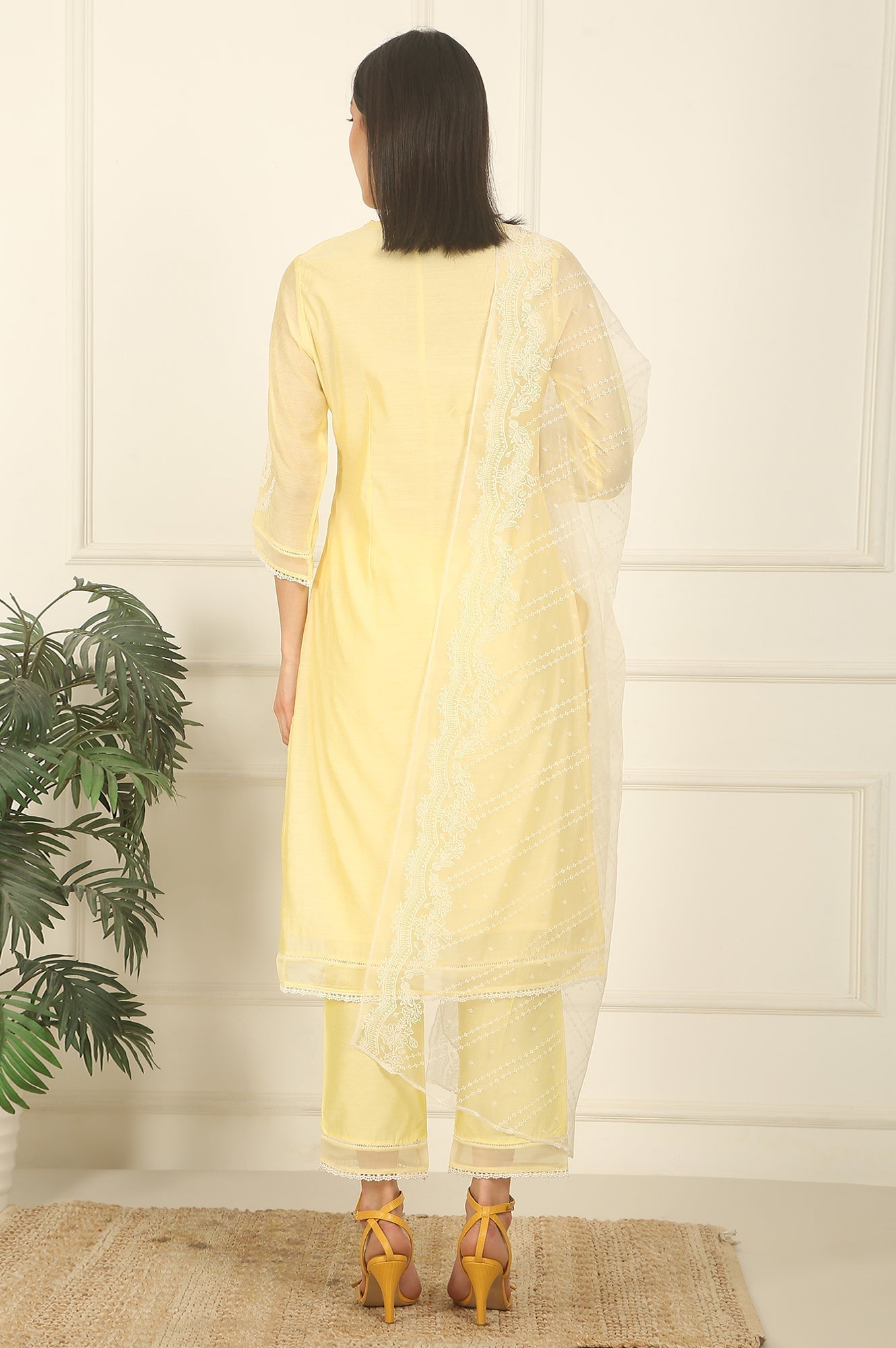 W for Woman Lemon Yellow Embroidered Chanderi A-line Kurta, Pants and Dupatta Set