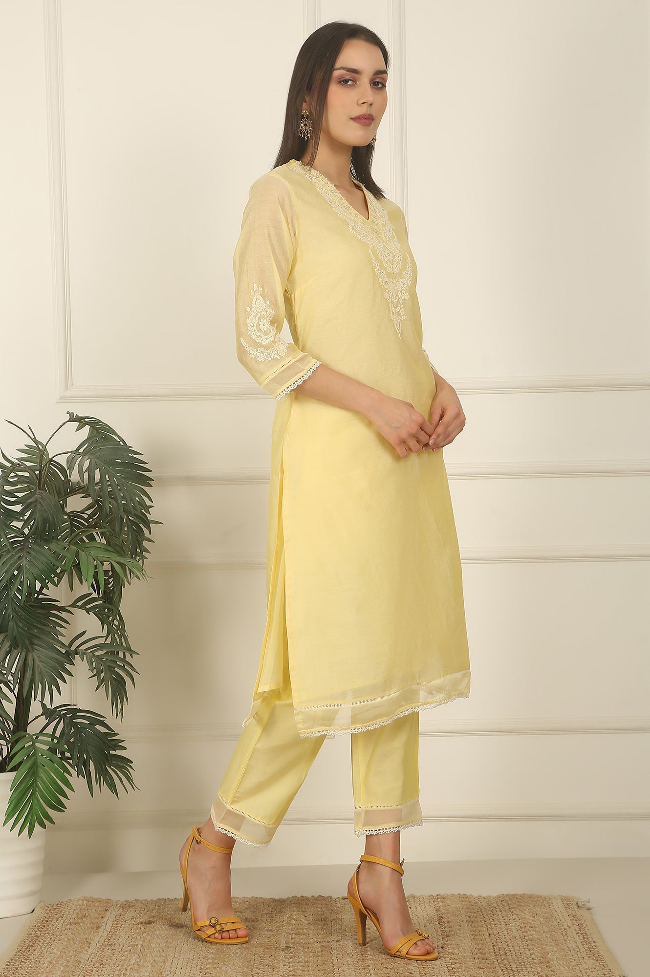 W for Woman Lemon Yellow Embroidered Chanderi A-line Kurta, Pants and Dupatta Set