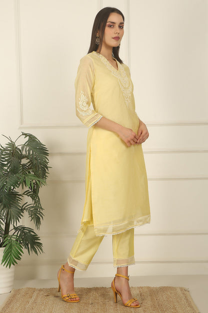 W for Woman Lemon Yellow Embroidered Chanderi A-line Kurta, Pants and Dupatta Set