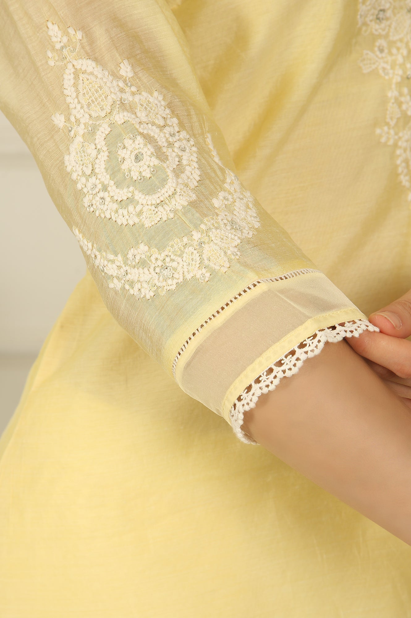 W for Woman Lemon Yellow Embroidered Chanderi A-line Kurta, Pants and Dupatta Set