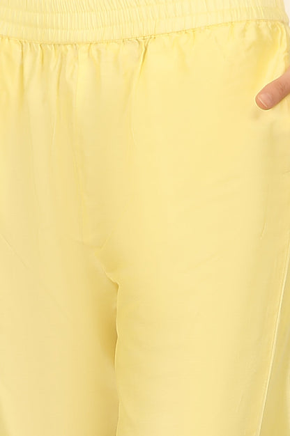 W for Woman Lemon Yellow Embroidered Chanderi A-line Kurta, Pants and Dupatta Set