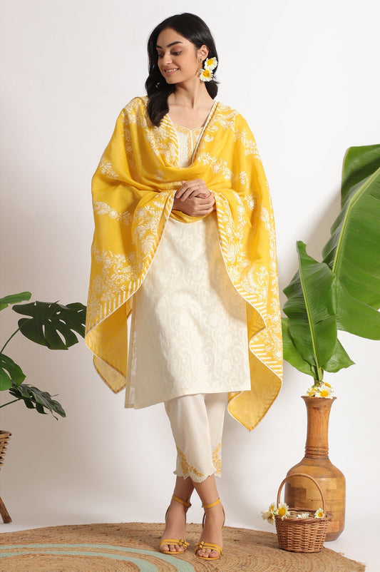 W for Woman White Embroidered Jacquard Straight Kurta, Pants and Dupatta Set