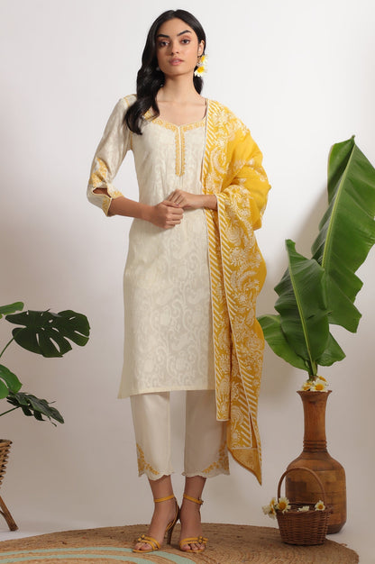 W for Woman White Embroidered Jacquard Straight Kurta, Pants and Dupatta Set