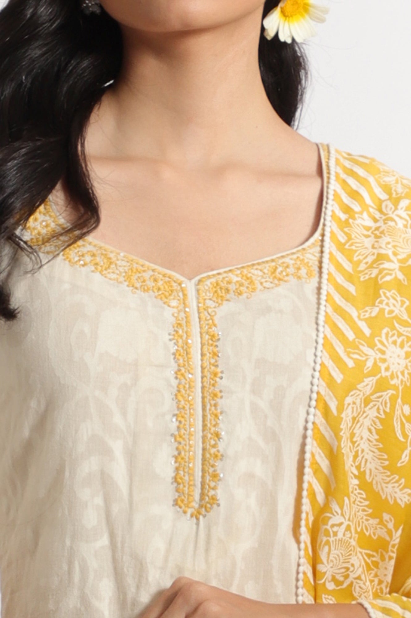 W for Woman White Embroidered Jacquard Straight Kurta, Pants and Dupatta Set