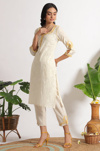 W for Woman White Embroidered Jacquard Straight Kurta, Pants and Dupatta Set