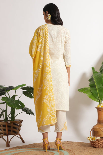 W for Woman White Embroidered Jacquard Straight Kurta, Pants and Dupatta Set