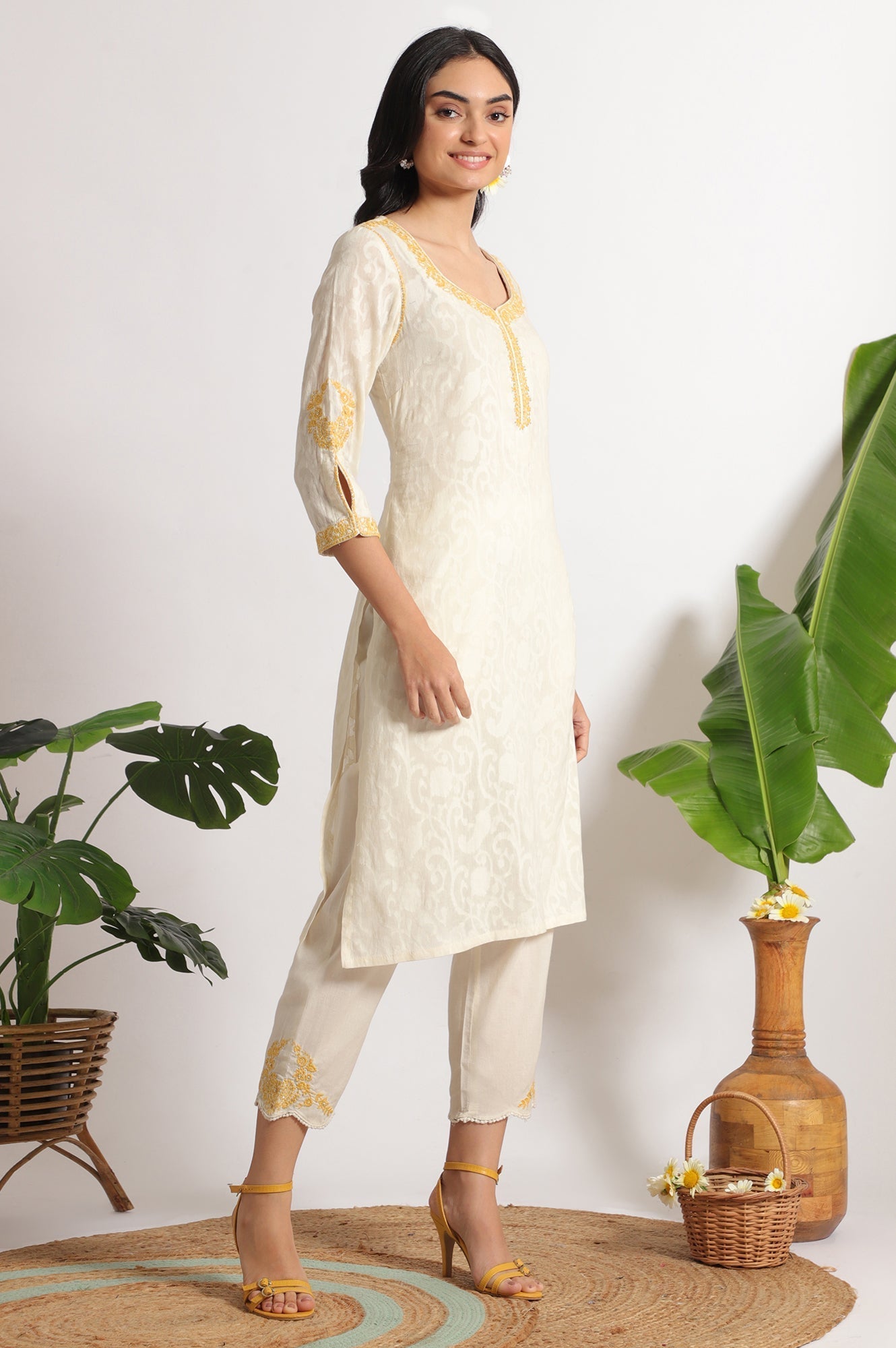 W for Woman White Embroidered Jacquard Straight Kurta, Pants and Dupatta Set