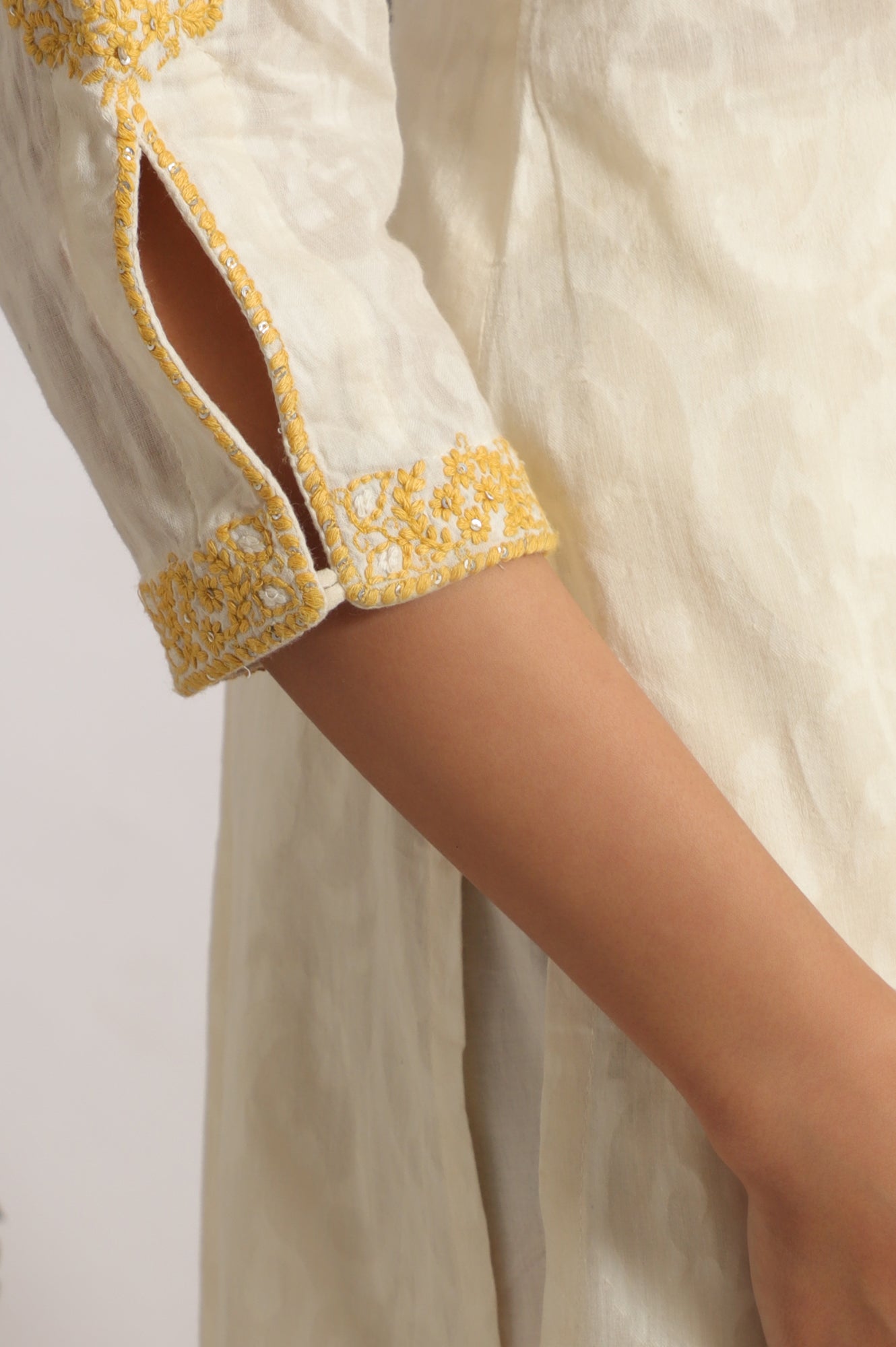 W for Woman White Embroidered Jacquard Straight Kurta, Pants and Dupatta Set