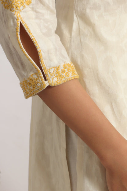 W for Woman White Embroidered Jacquard Straight Kurta, Pants and Dupatta Set
