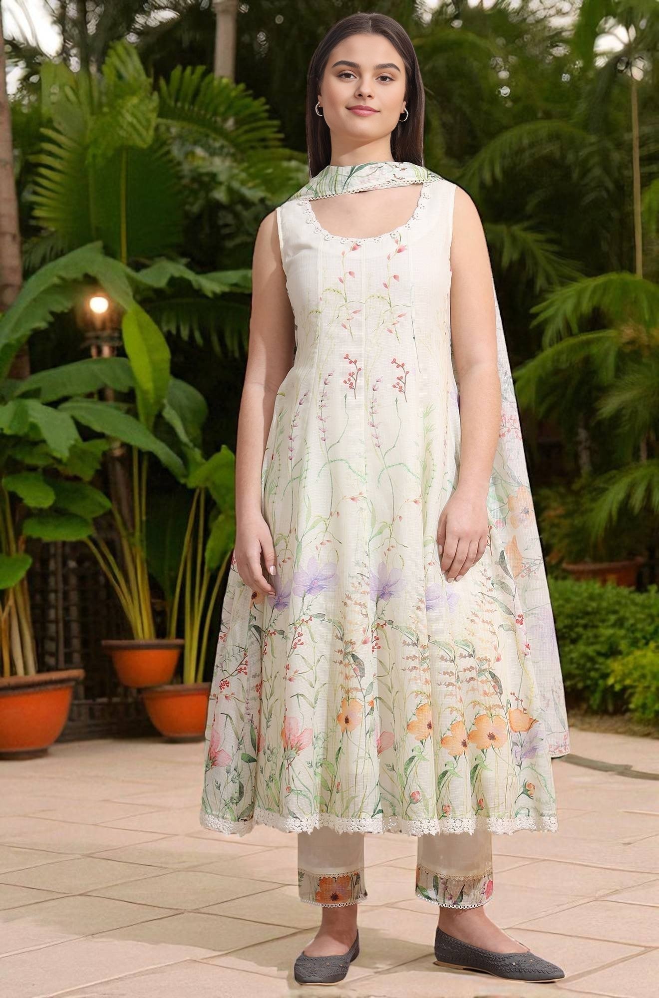 W for Woman Cream Floral Printed Kota Sleeveless Anarkali Kurta, Pants and Dupatta Set