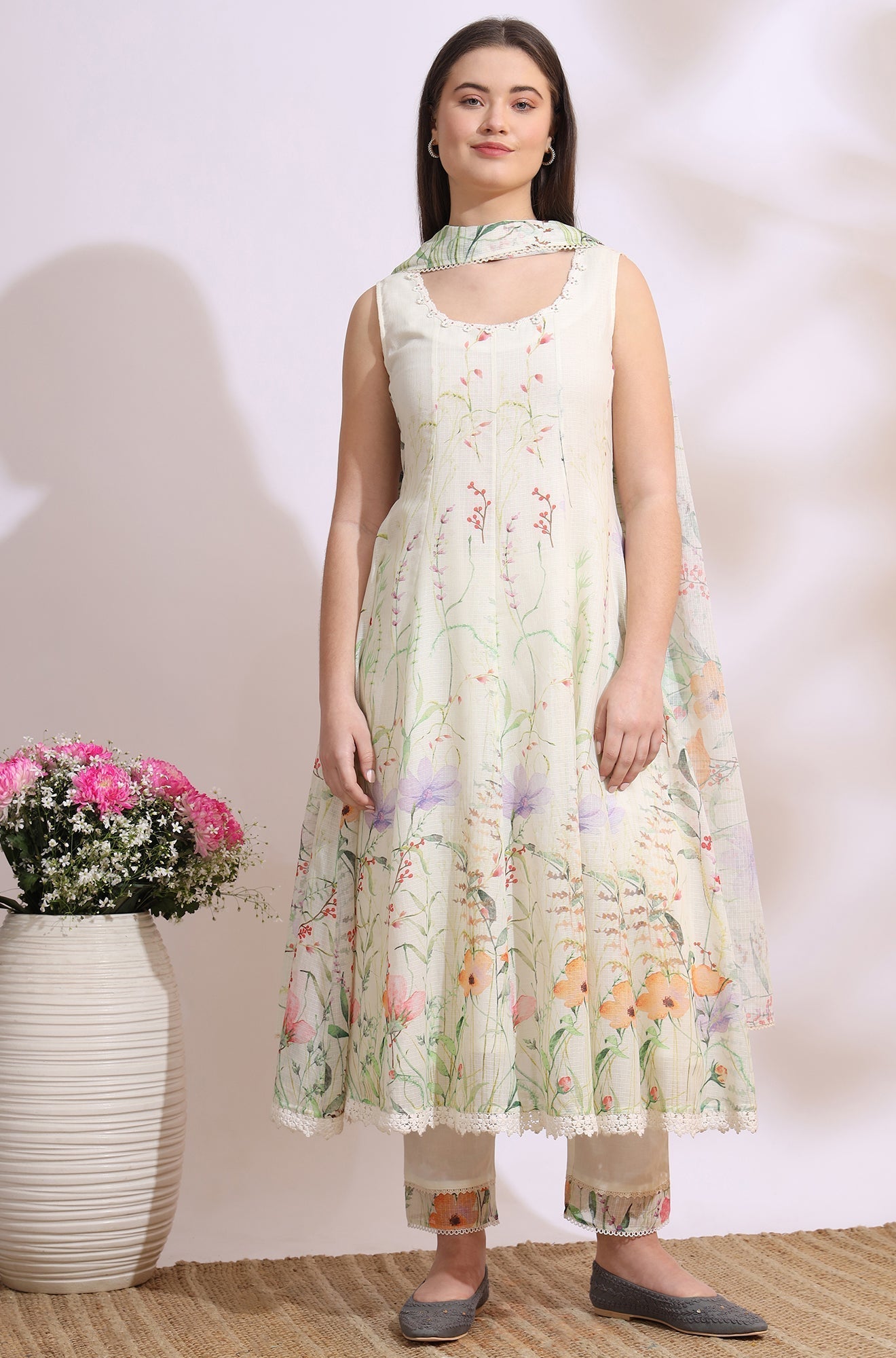 W for Woman Cream Floral Printed Kota Sleeveless Anarkali Kurta, Pants and Dupatta Set