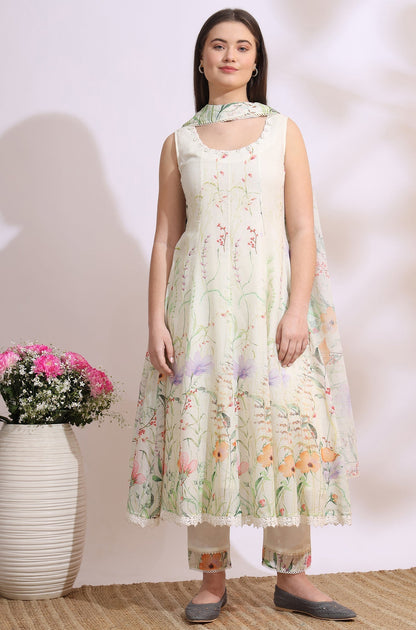 W for Woman Cream Floral Printed Kota Sleeveless Anarkali Kurta, Pants and Dupatta Set
