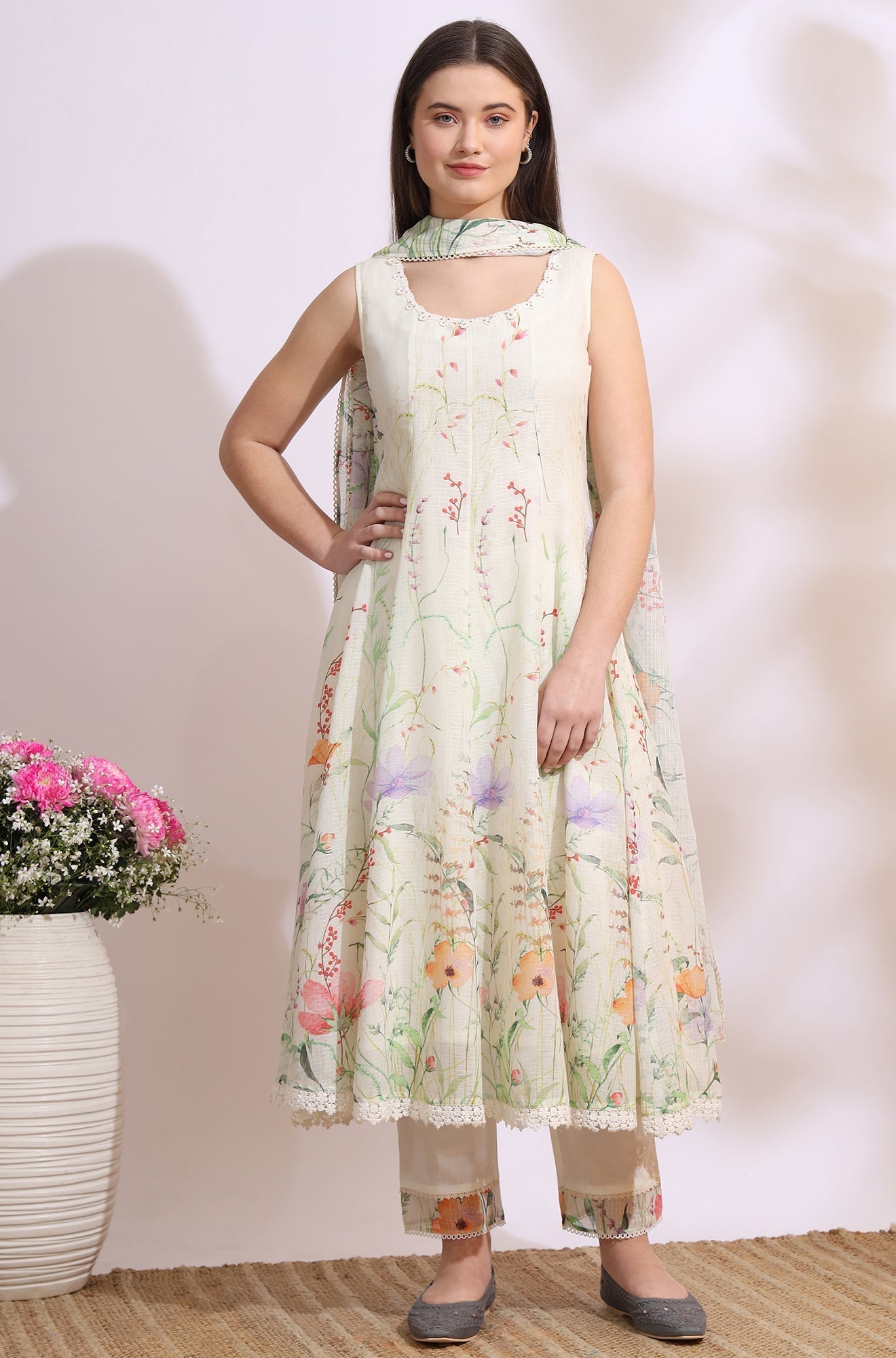 W for Woman Cream Floral Printed Kota Sleeveless Anarkali Kurta, Pants and Dupatta Set