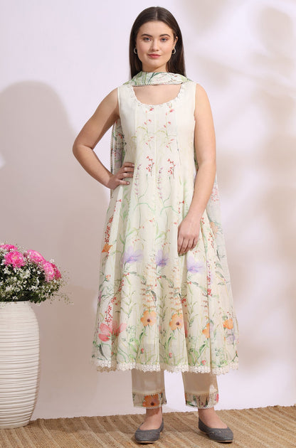 W for Woman Cream Floral Printed Kota Sleeveless Anarkali Kurta, Pants and Dupatta Set