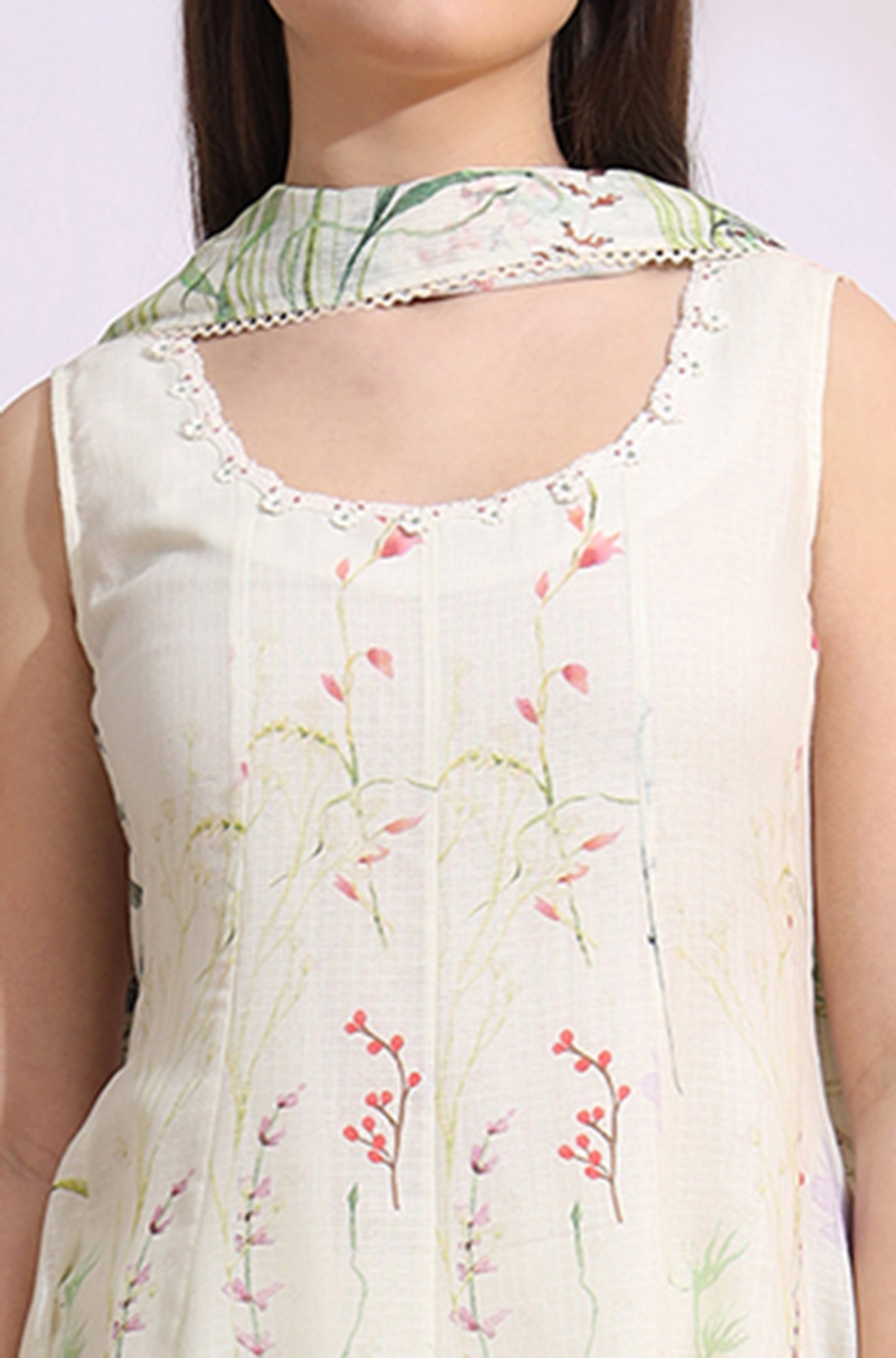 W for Woman Cream Floral Printed Kota Sleeveless Anarkali Kurta, Pants and Dupatta Set
