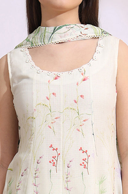W for Woman Cream Floral Printed Kota Sleeveless Anarkali Kurta, Pants and Dupatta Set