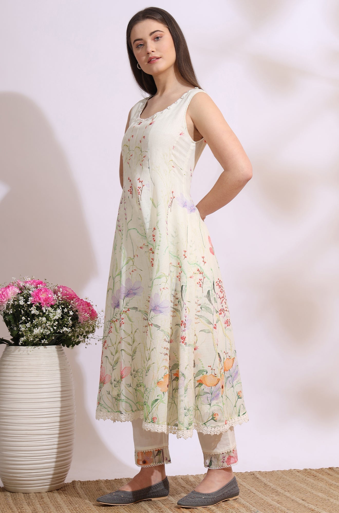 W for Woman Cream Floral Printed Kota Sleeveless Anarkali Kurta, Pants and Dupatta Set