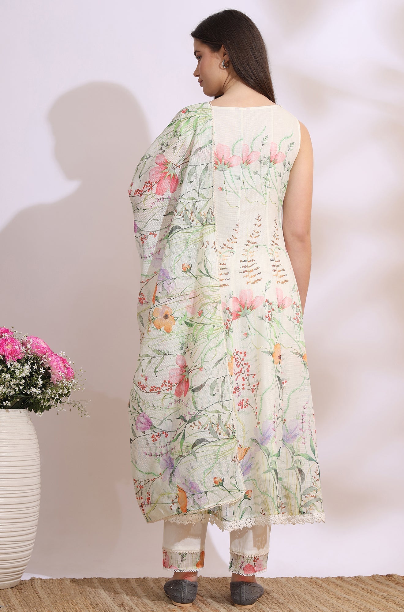 W for Woman Cream Floral Printed Kota Sleeveless Anarkali Kurta, Pants and Dupatta Set