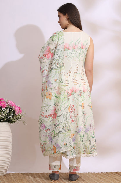 W for Woman Cream Floral Printed Kota Sleeveless Anarkali Kurta, Pants and Dupatta Set