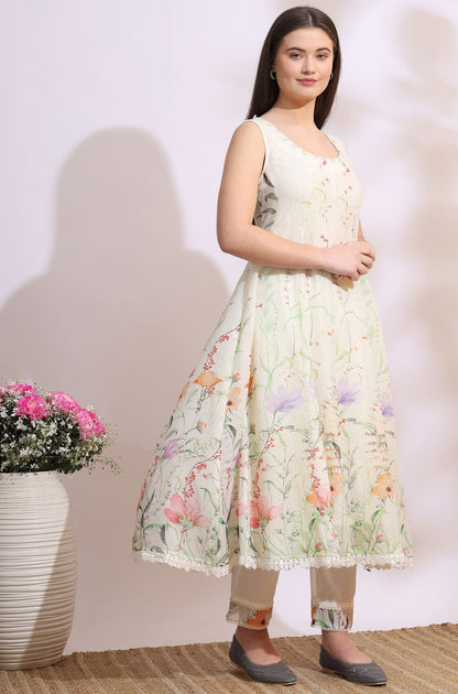 W for Woman Cream Floral Printed Kota Sleeveless Anarkali Kurta, Pants and Dupatta Set