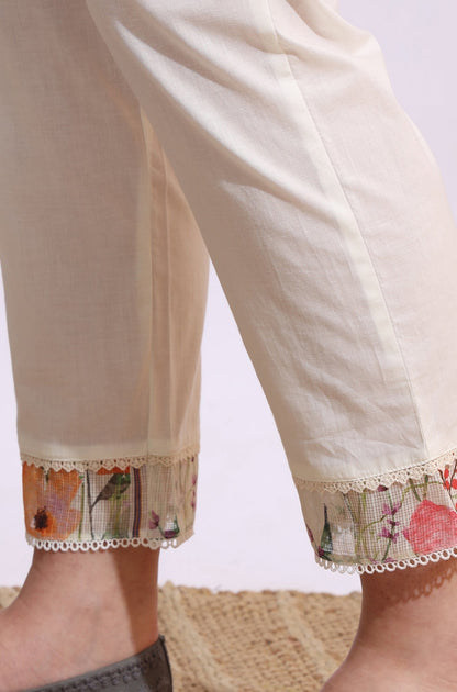 W for Woman Cream Floral Printed Kota Sleeveless Anarkali Kurta, Pants and Dupatta Set
