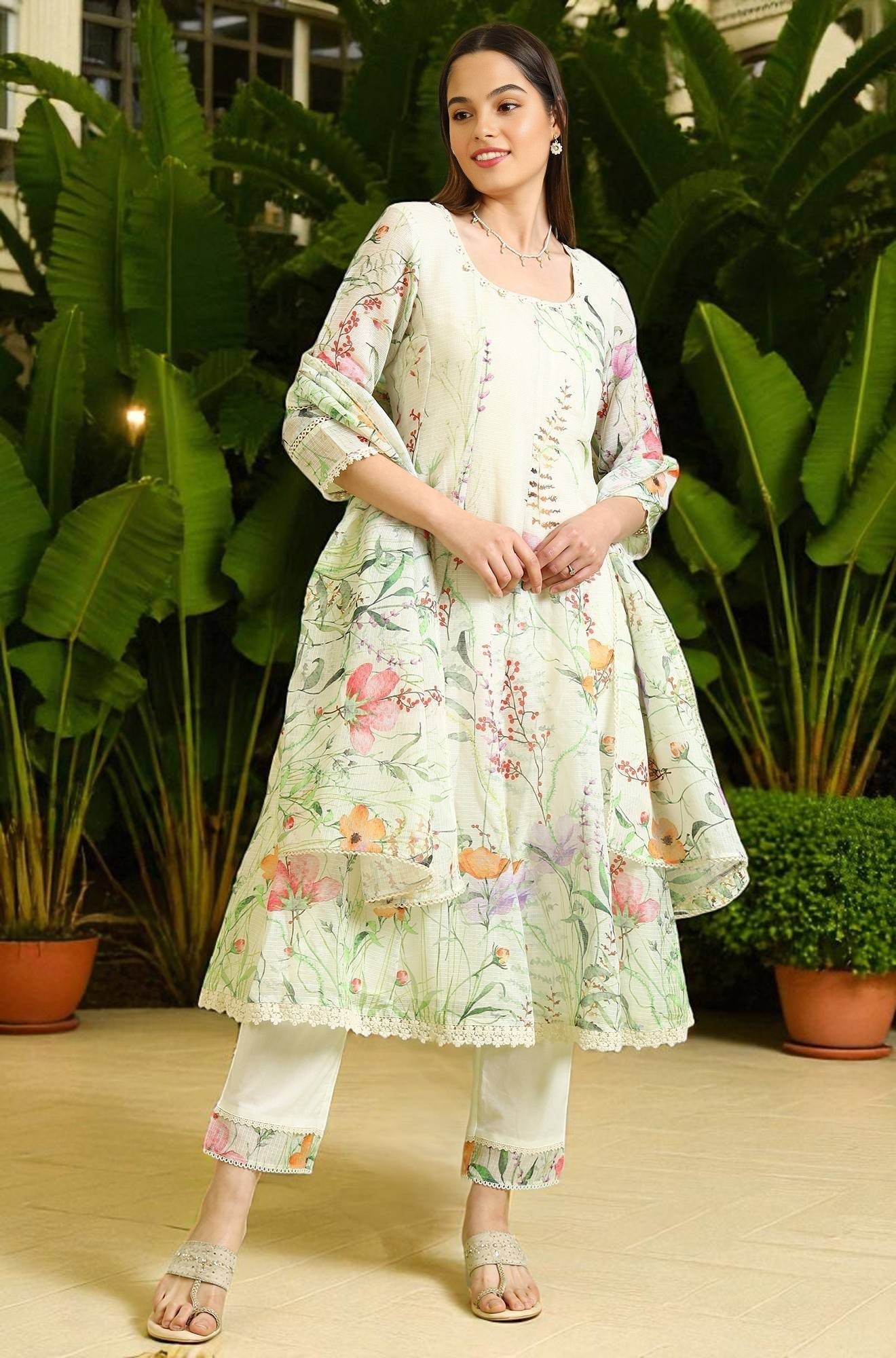 W for Woman Cream Floral Printed Kota Anarkali Kurta, Pants and Dupatta Set