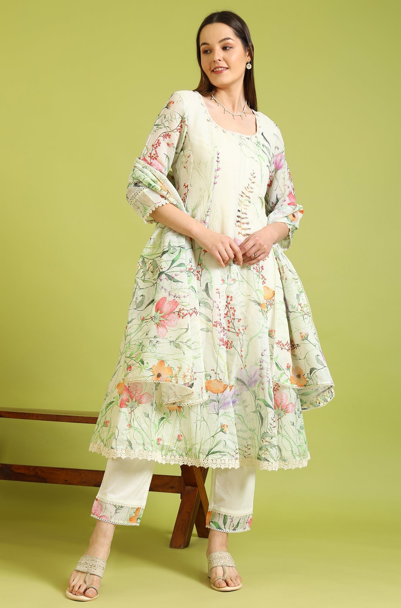 W for Woman Cream Floral Printed Kota Anarkali Kurta, Pants and Dupatta Set