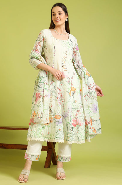 W for Woman Cream Floral Printed Kota Anarkali Kurta, Pants and Dupatta Set