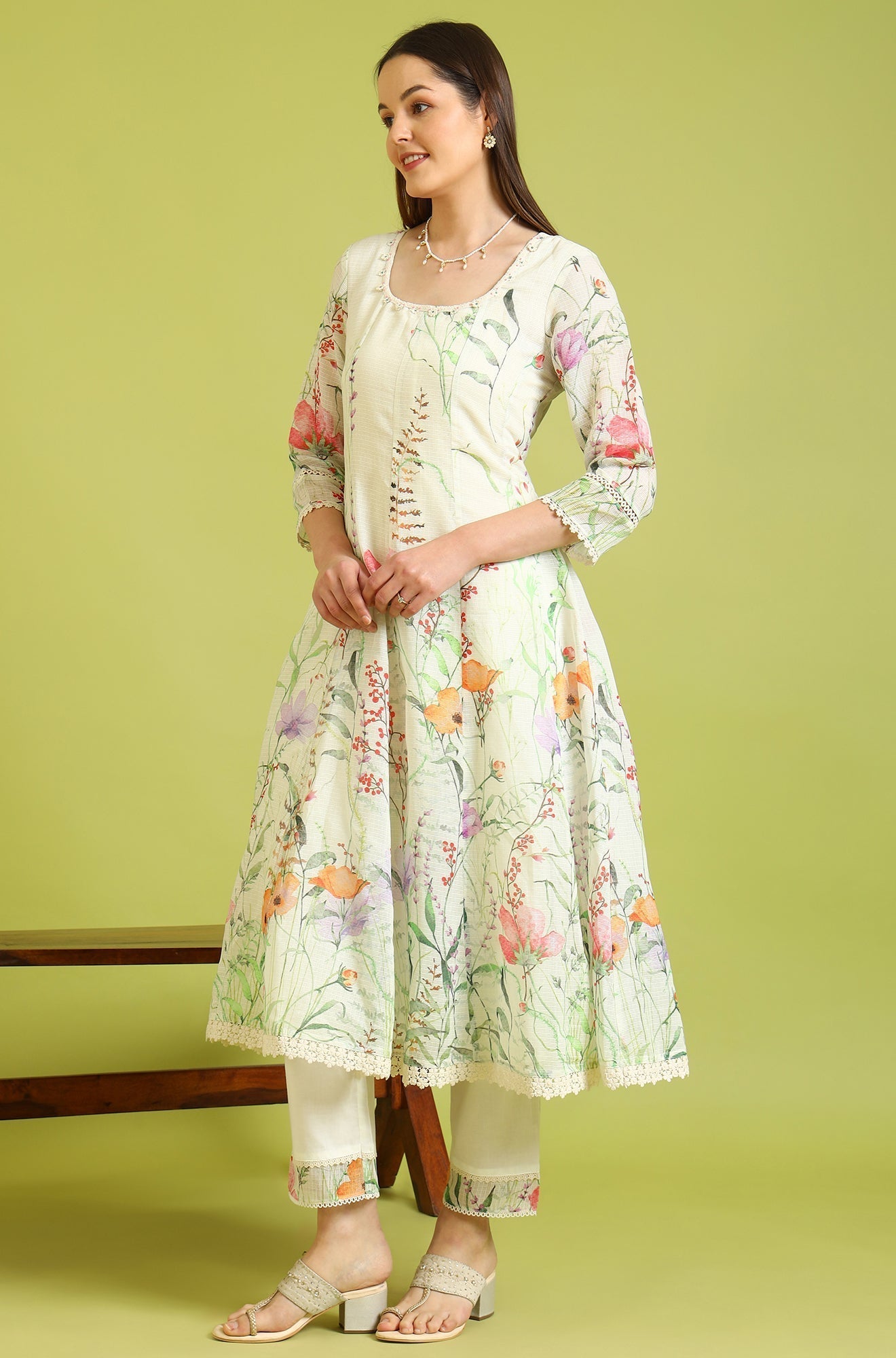 W for Woman Cream Floral Printed Kota Anarkali Kurta, Pants and Dupatta Set