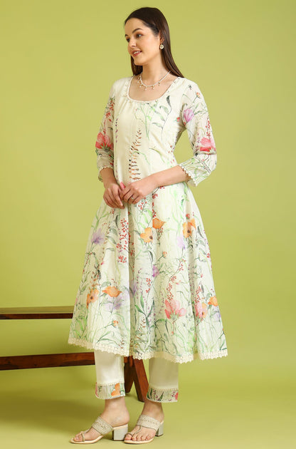 W for Woman Cream Floral Printed Kota Anarkali Kurta, Pants and Dupatta Set
