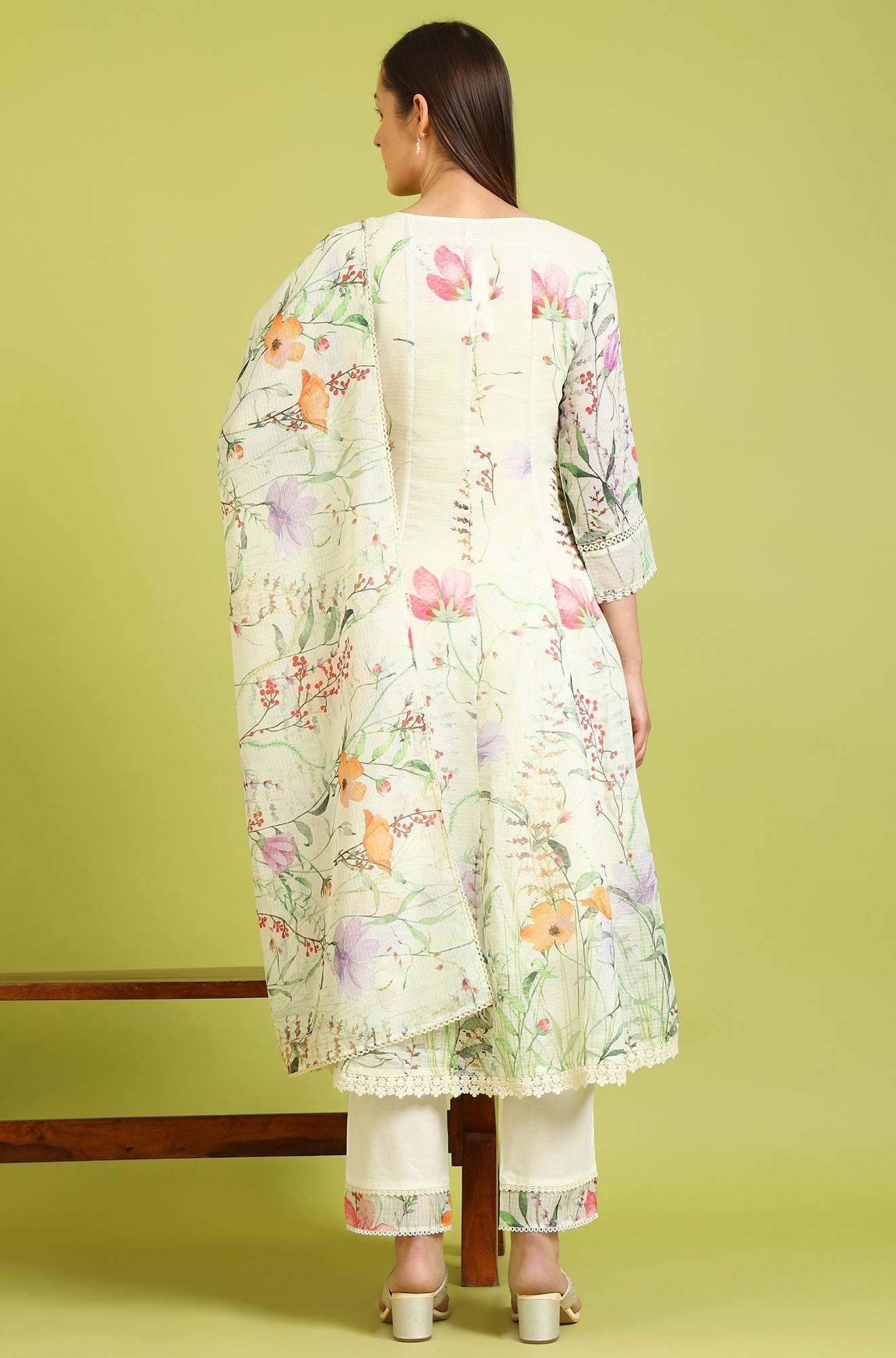 W for Woman Cream Floral Printed Kota Anarkali Kurta, Pants and Dupatta Set