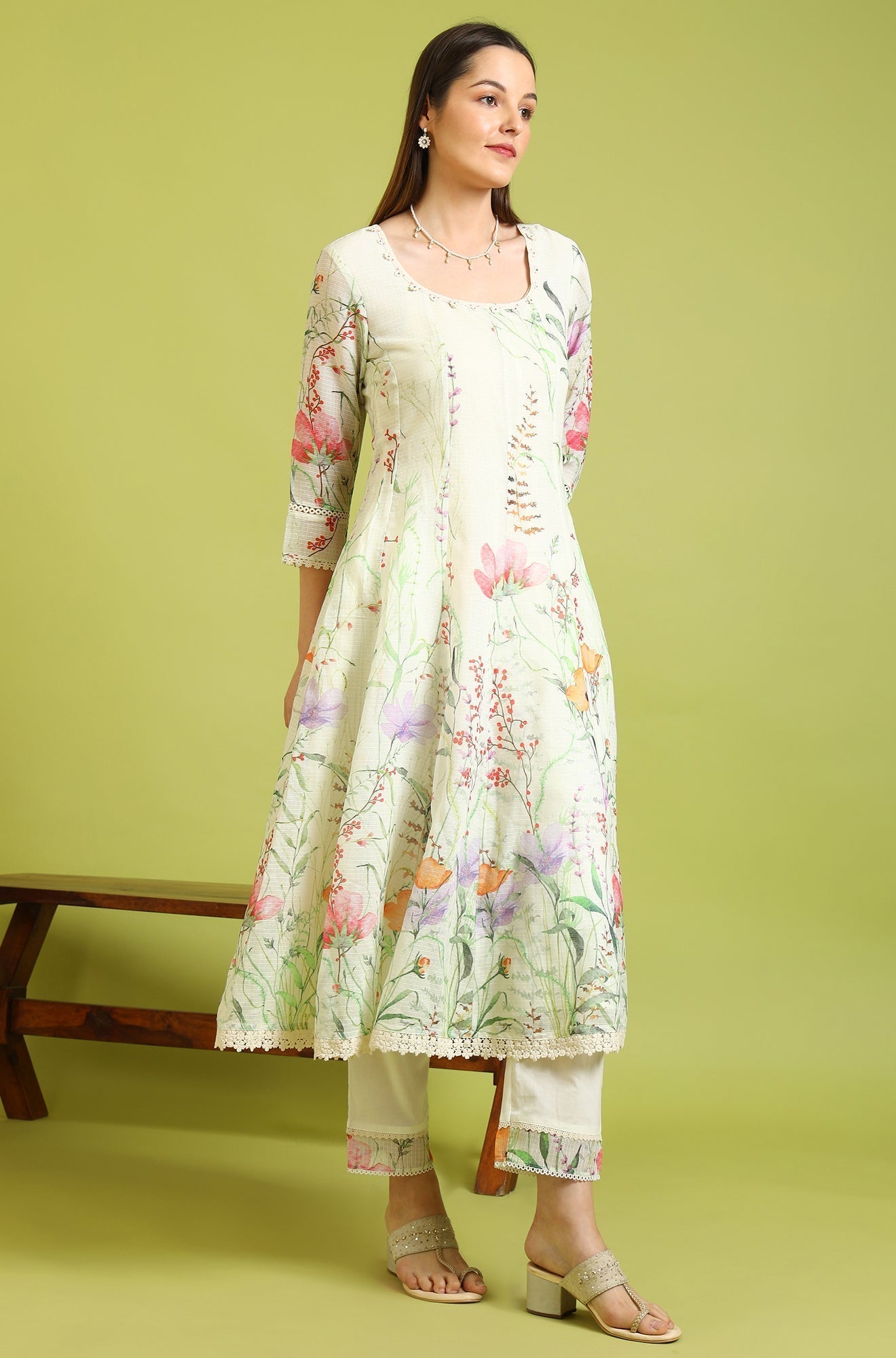 W for Woman Cream Floral Printed Kota Anarkali Kurta, Pants and Dupatta Set