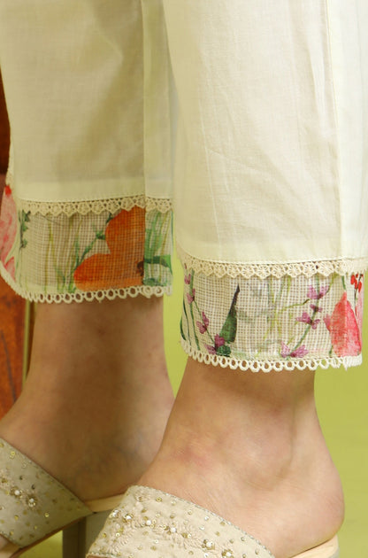 W for Woman Cream Floral Printed Kota Anarkali Kurta, Pants and Dupatta Set