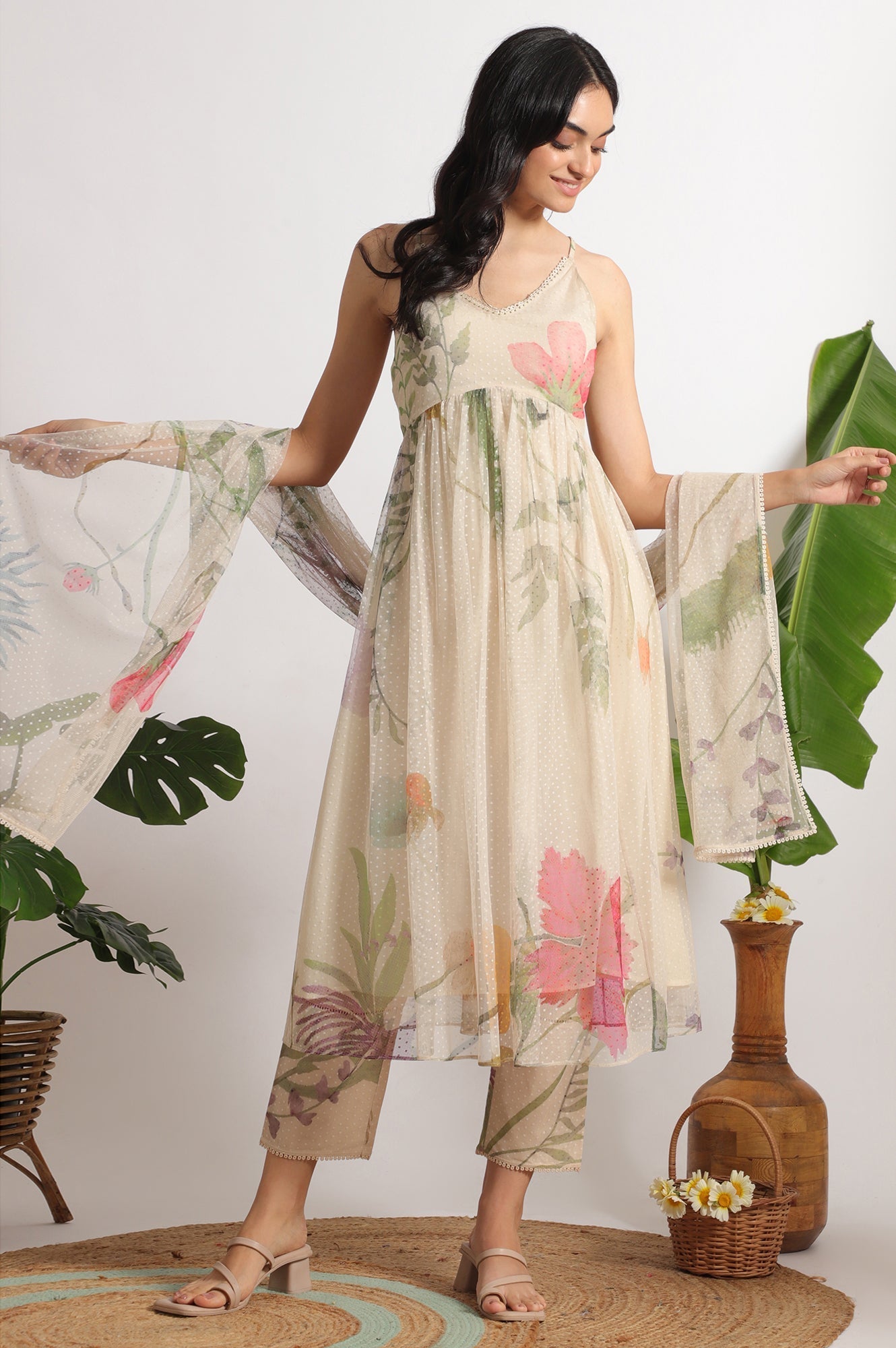 W for Woman Light Beige Floral Printed Swiss Dot Net Spaghetti Flared Kurta, Pants and Dupatta Set