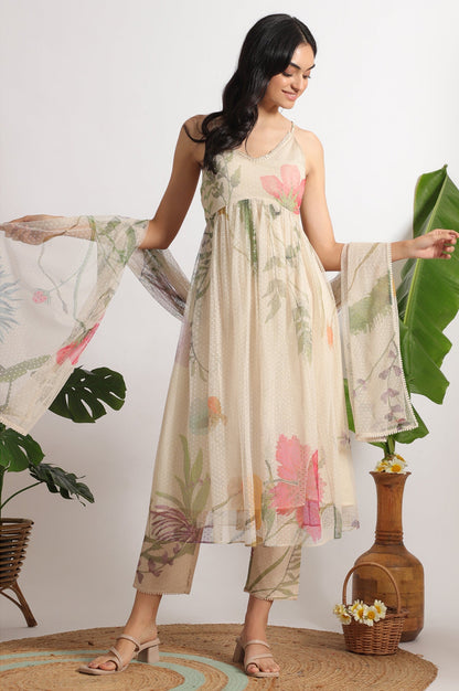 W for Woman Light Beige Floral Printed Swiss Dot Net Spaghetti Flared Kurta, Pants and Dupatta Set