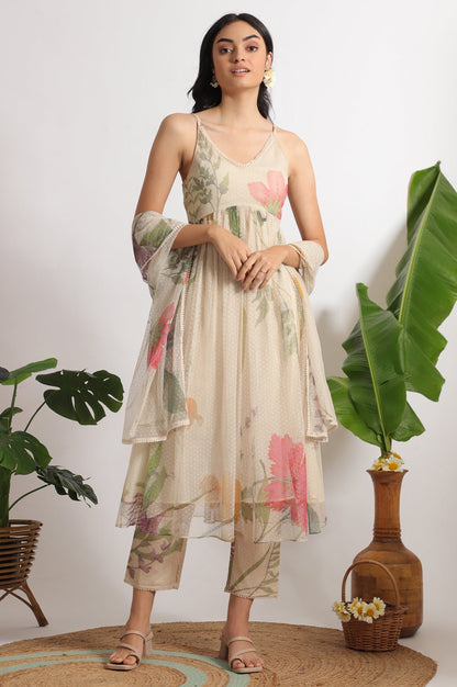W for Woman Light Beige Floral Printed Swiss Dot Net Spaghetti Flared Kurta, Pants and Dupatta Set