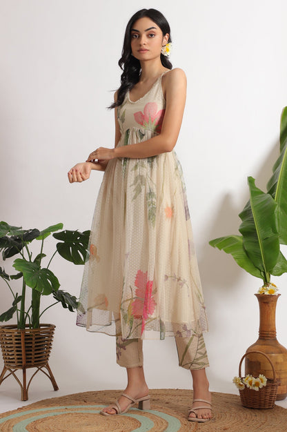 W for Woman Light Beige Floral Printed Swiss Dot Net Spaghetti Flared Kurta, Pants and Dupatta Set