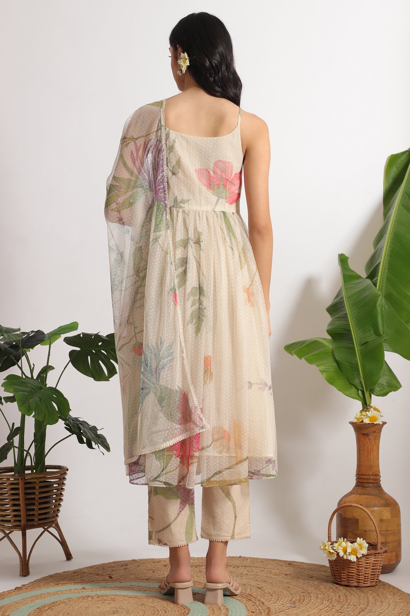 W for Woman Light Beige Floral Printed Swiss Dot Net Spaghetti Flared Kurta, Pants and Dupatta Set