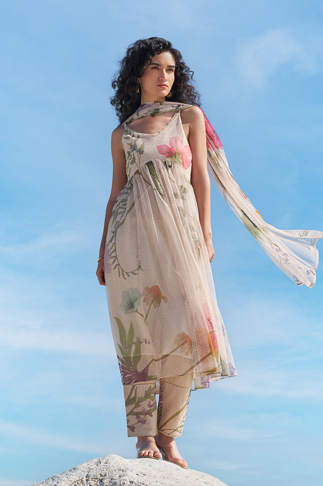 W for Woman Light Beige Floral Printed Swiss Dot Net Spaghetti Flared Kurta, Pants and Dupatta Set