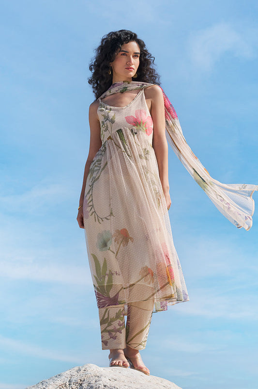 W for Woman Light Beige Floral Printed Swiss Dot Net Spaghetti Flared Kurta, Pants and Dupatta Set