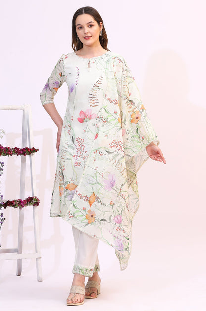 W for Woman Cream Floral Printed Kota Straight Kurta, Pants and Dupatta Set
