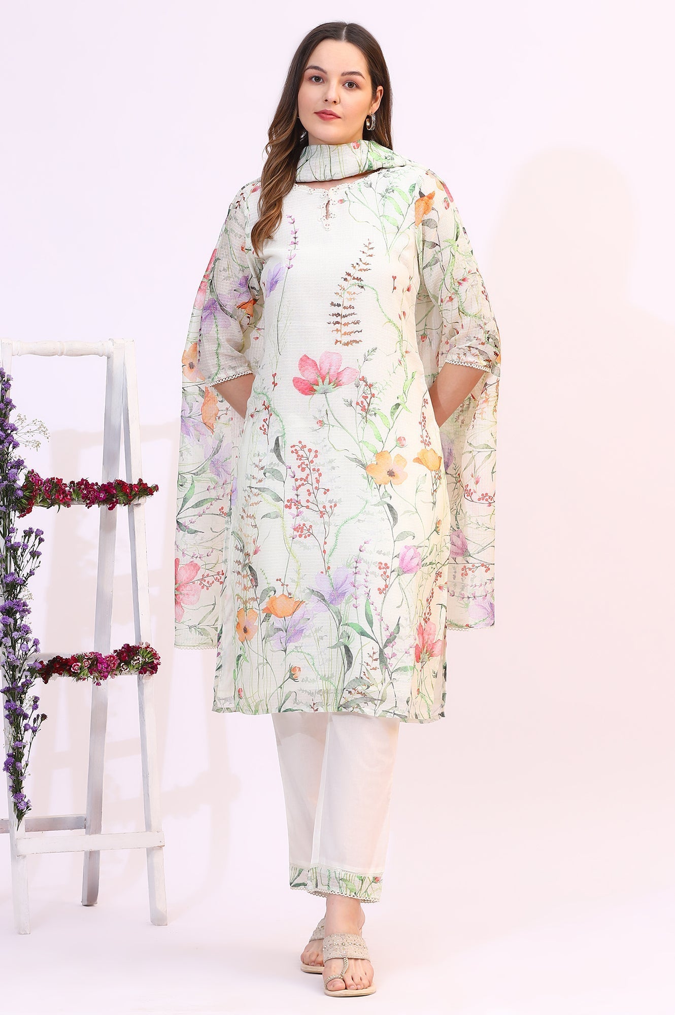 W for Woman Cream Floral Printed Kota Straight Kurta, Pants and Dupatta Set