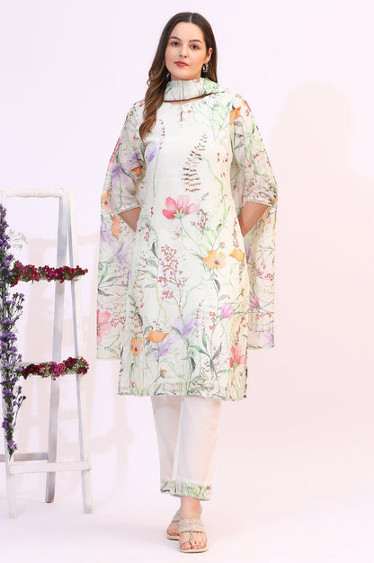 W for Woman Cream Floral Printed Kota Straight Kurta, Pants and Dupatta Set
