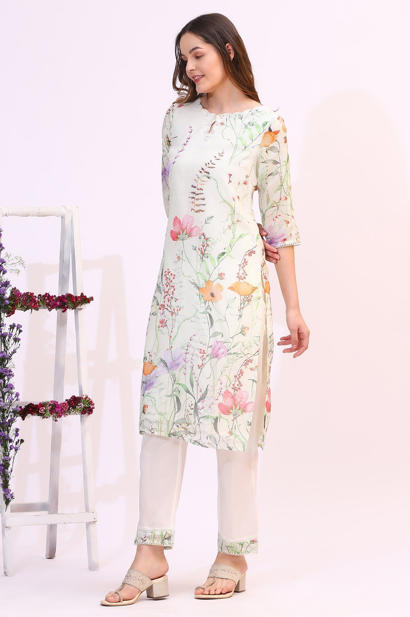 W for Woman Cream Floral Printed Kota Straight Kurta, Pants and Dupatta Set