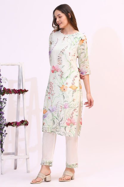 W for Woman Cream Floral Printed Kota Straight Kurta, Pants and Dupatta Set