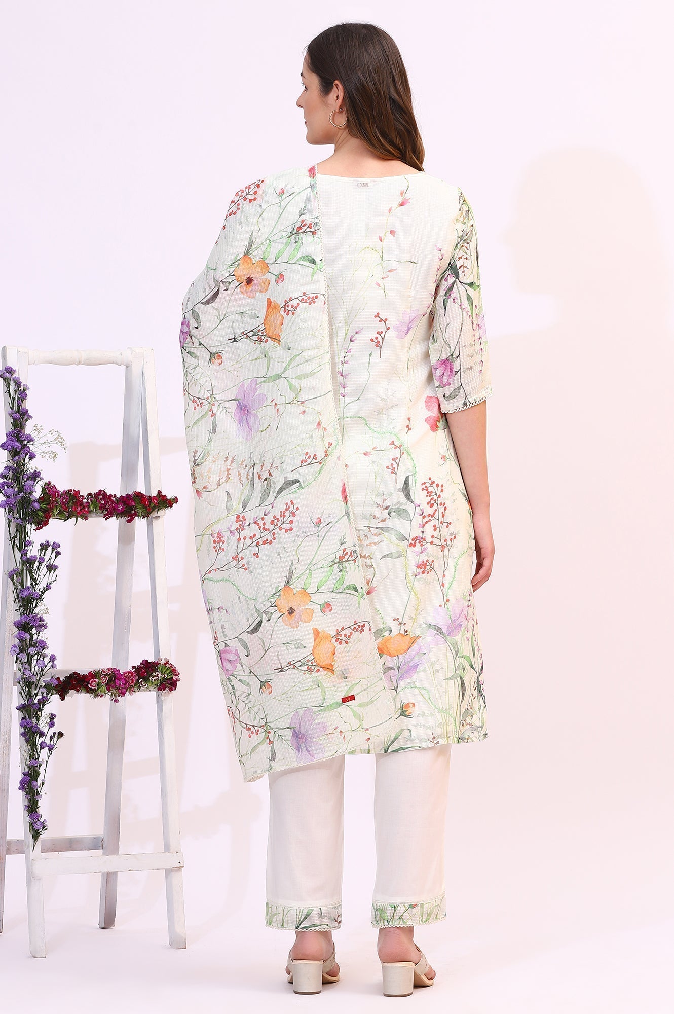 W for Woman Cream Floral Printed Kota Straight Kurta, Pants and Dupatta Set