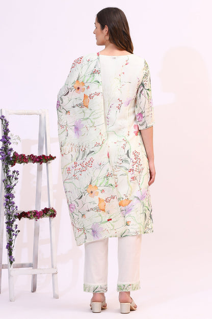 W for Woman Cream Floral Printed Kota Straight Kurta, Pants and Dupatta Set